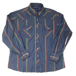 Wrangler Wrancher Mens XL‎ Pearl Snap Shirt Blue Striped Western Cowboy Rodeo